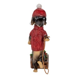 Clayre & Eef Kerstdecoratie Beeld Hond Teckel 8x4x13 cm Bruin Rood Kunststof