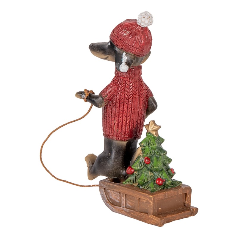 Clayre & Eef Kerstdecoratie Beeld Hond Teckel 8x4x13 cm Bruin Rood Kunststof