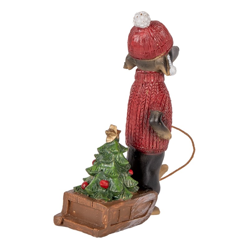Clayre & Eef Kerstdecoratie Beeld Hond Teckel 8x4x13 cm Bruin Rood Kunststof