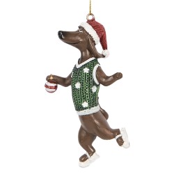 Clayre & Eef Kersthanger Hond Teckel 6x3x10 cm Bruin Groen Kunststof