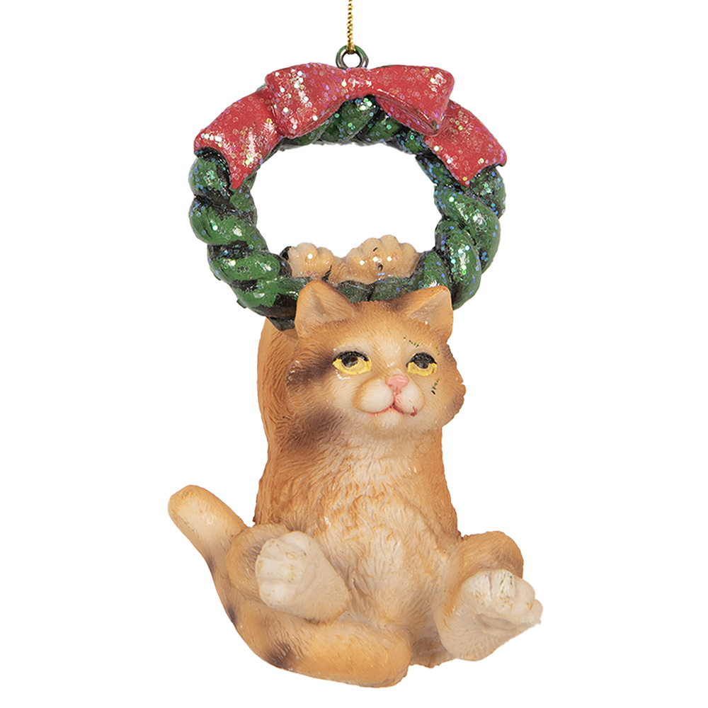 Clayre & Eef Kersthanger Kat 6x5x9 cm Bruin Kunststof afbeelding