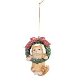 Clayre & Eef Weihnachtsanhänger Katze 6x5x9 cm Braun Kunststoff