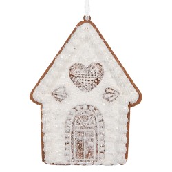Clayre & Eef Weihnachtsanhänger Lebkuchenhaus 8x1x10 cm Weiß Kunststoff