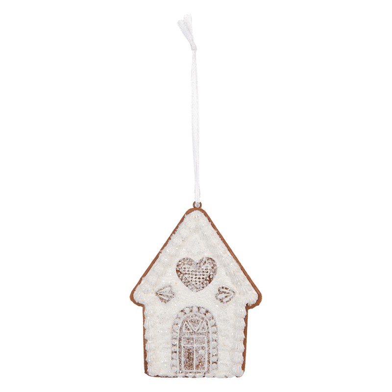 Clayre & Eef Weihnachtsanhänger Lebkuchenhaus 8x1x10 cm Weiß Kunststoff