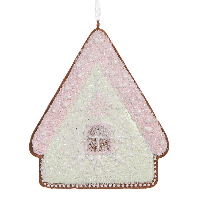 Clayre & Eef Weihnachtsanhänger Lebkuchenhaus 9x1x10 cm Grün Rosa Kunststoff