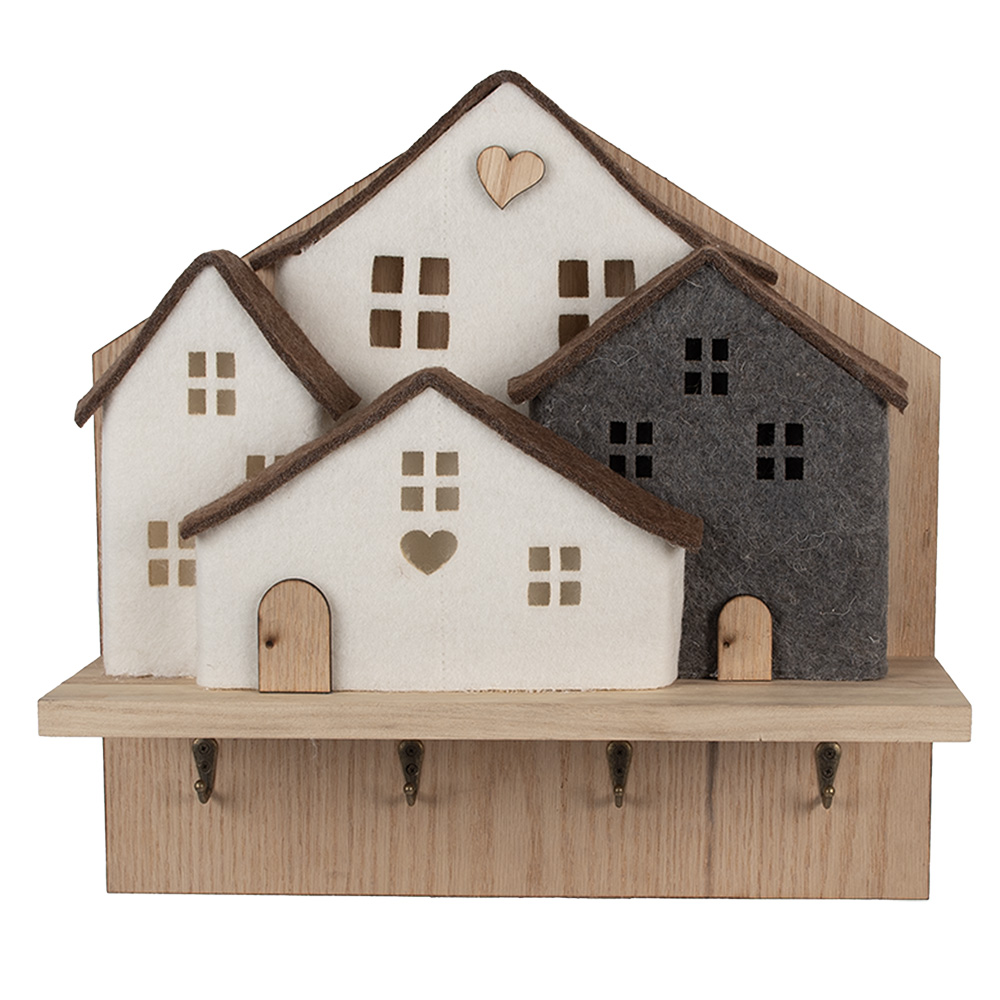Clayre&Eef Wandkapstok 4 Haken Huis 40x13x40 cm Bruin Wit Hout afbeelding