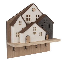 Clayre & Eef Portemanteau mural 4 crochets Maison 40x13x40 cm Marron Blanc Bois
