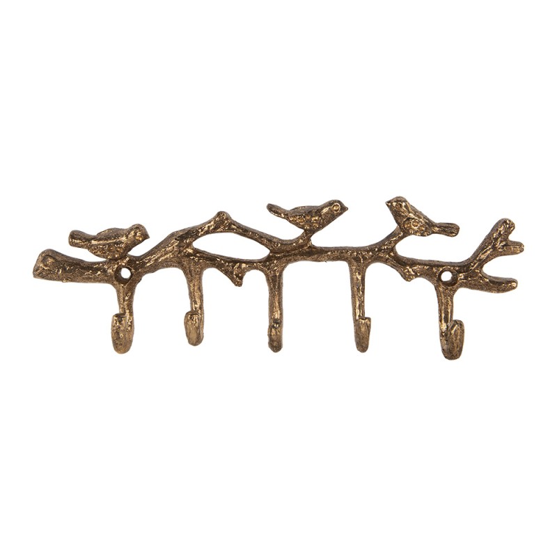 Clayre & Eef Wall Coat Rack 5 Hooks Birds 18x2x6 cm Gold colored Metal