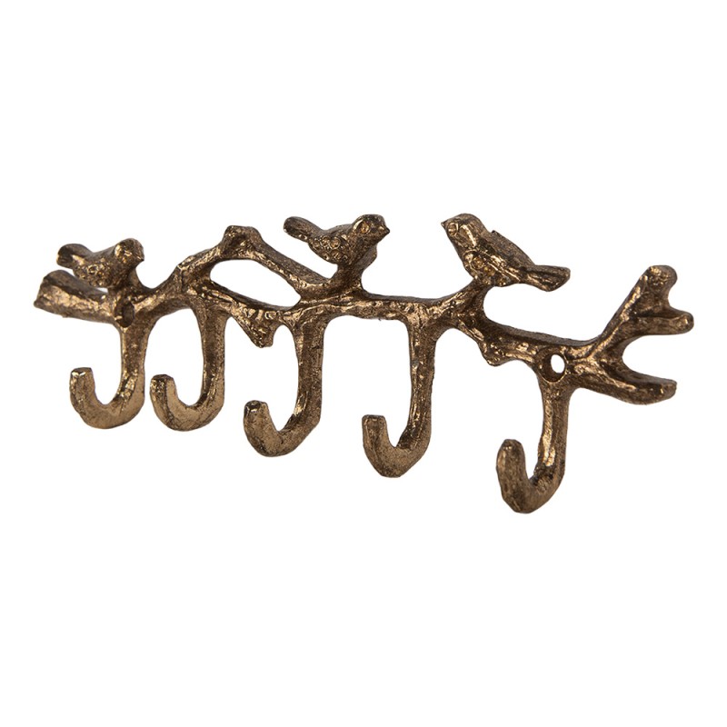 Clayre & Eef Wall Coat Rack 5 Hooks Birds 18x2x6 cm Gold colored Metal