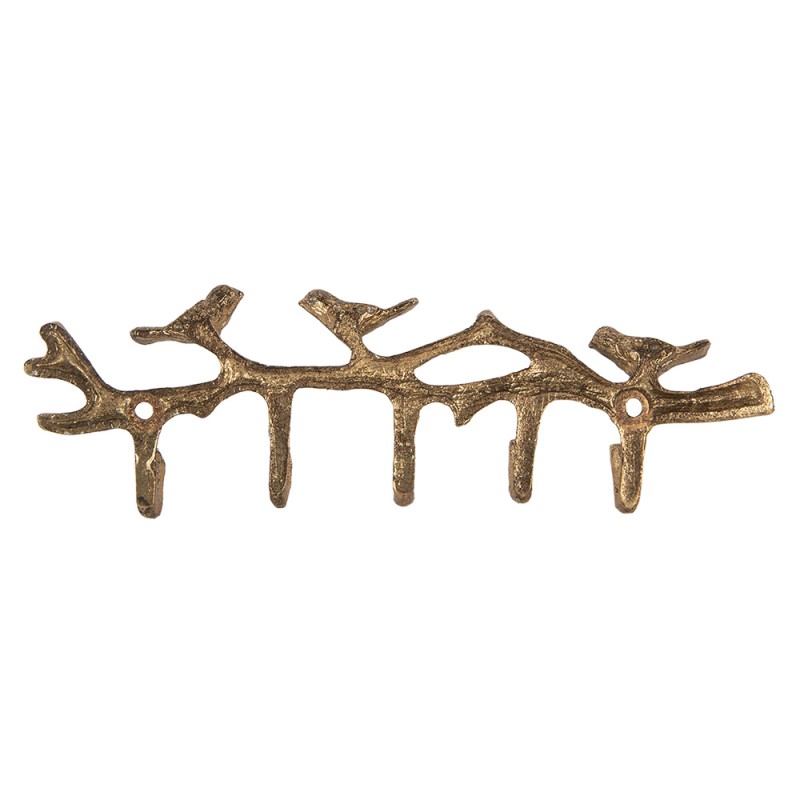 Clayre & Eef Wall Coat Rack 5 Hooks Birds 18x2x6 cm Gold colored Metal