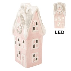 Clayre & Eef Decorativa Casa con LED Casa 11x9x24 cm Rosa Ceramica