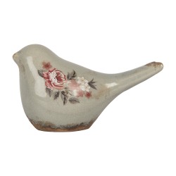 Clayre & Eef Décoration Oiseau 16x7x9 cm Gris Céramique Fleurs