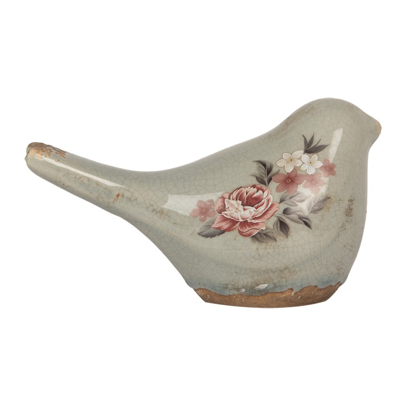 Clayre & Eef Décoration Oiseau 16x7x9 cm Gris Céramique Fleurs
