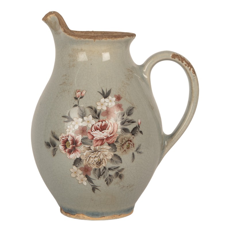 Clayre & Eef Dekorative Kanne 16x12x19 cm Grau Keramik Blumen