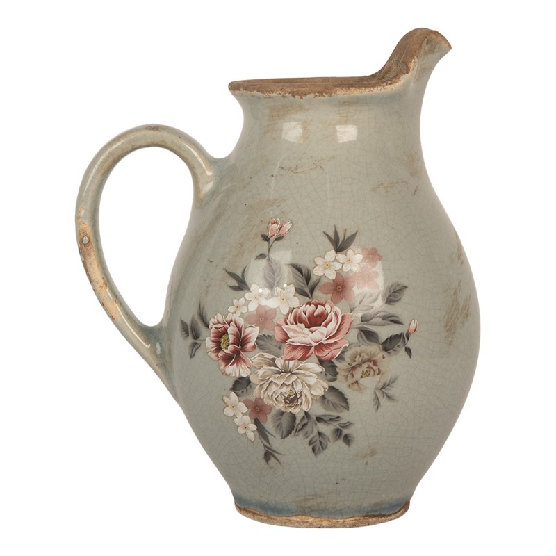 Clayre & Eef Dekorative Kanne 16x12x19 cm Grau Keramik Blumen