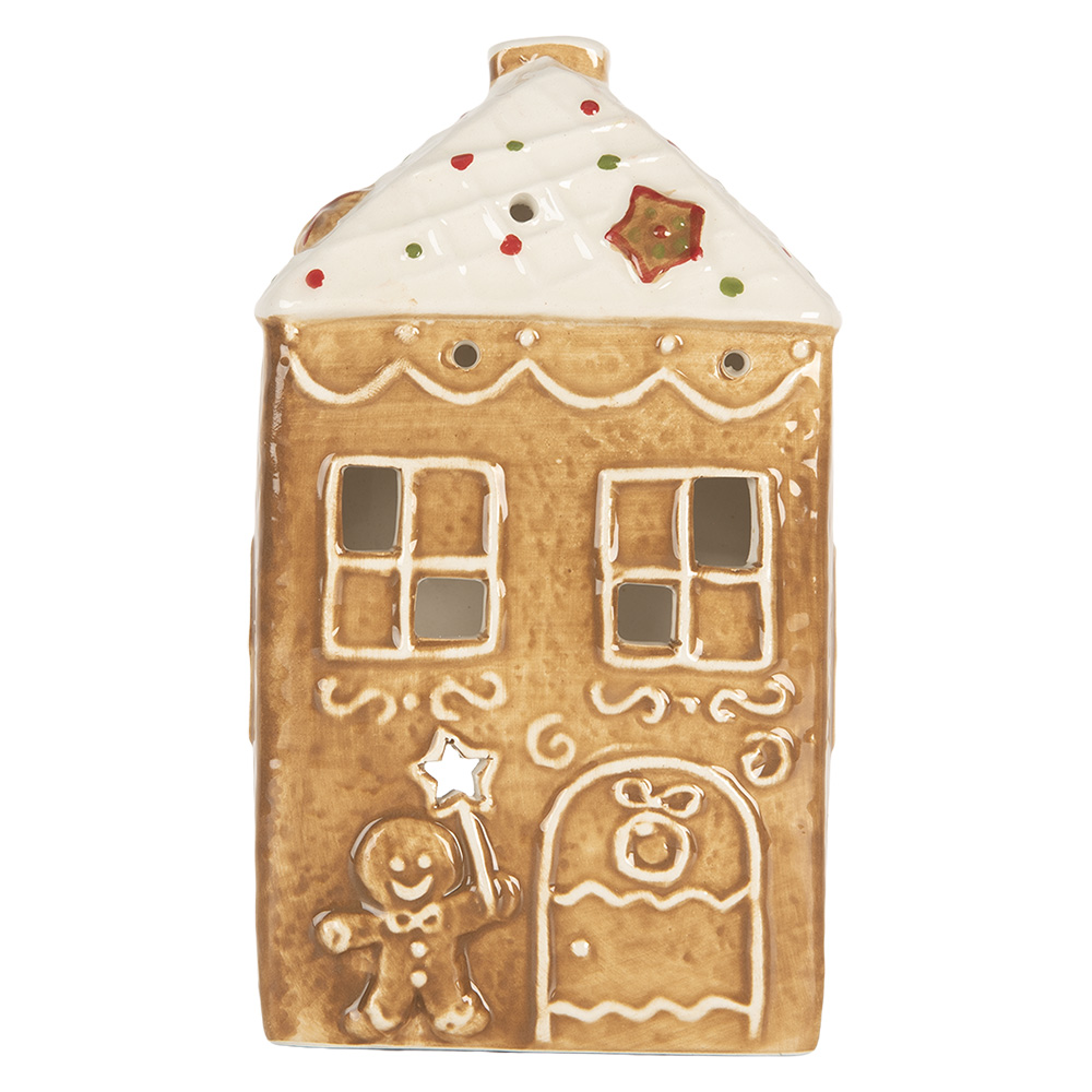 Clayre&Eef Waxinelichthouder Huis 9x7x16 cm Bruin Keramiek