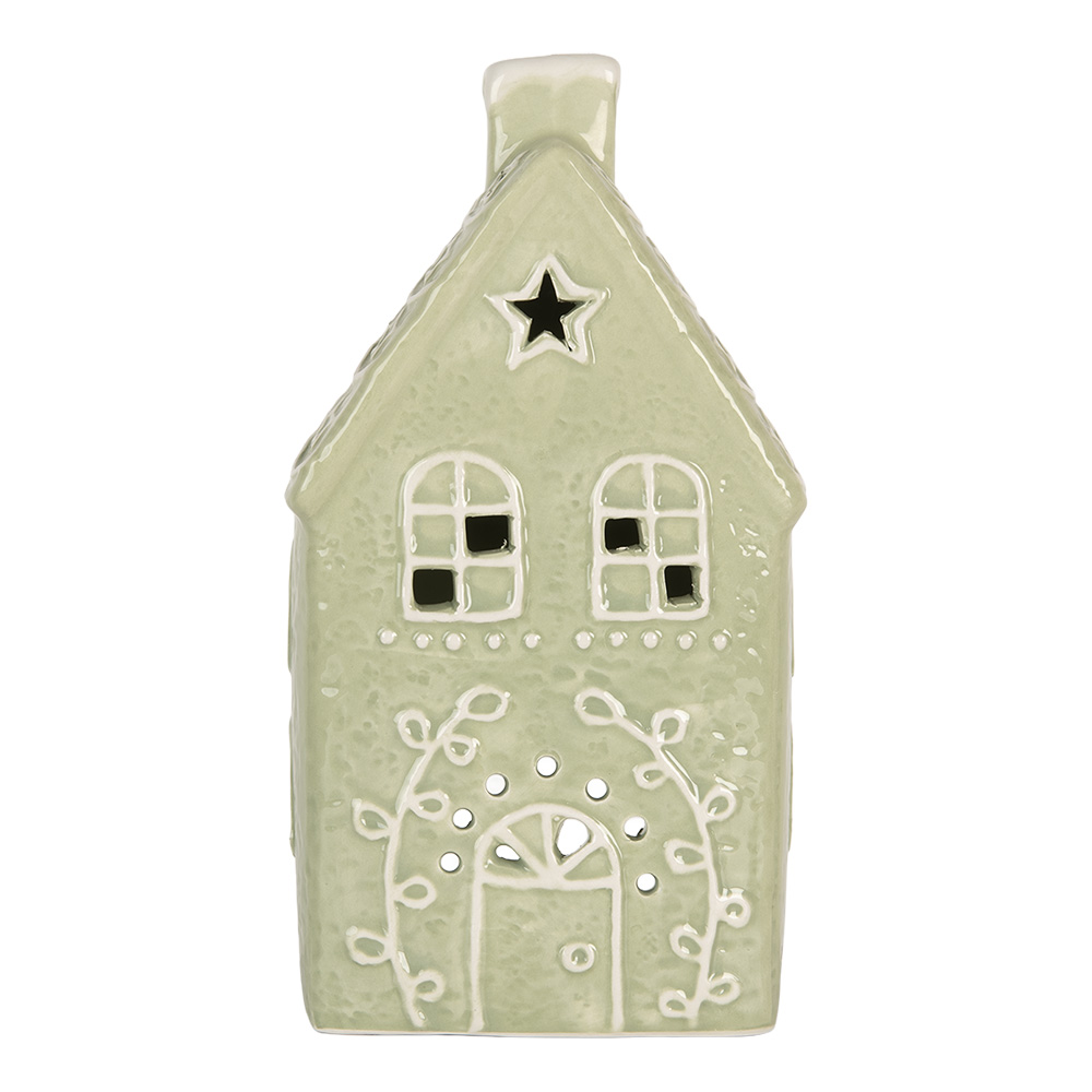 Clayre&Eef Waxinelichthouder Huis 11x9x21 cm Groen Keramiek