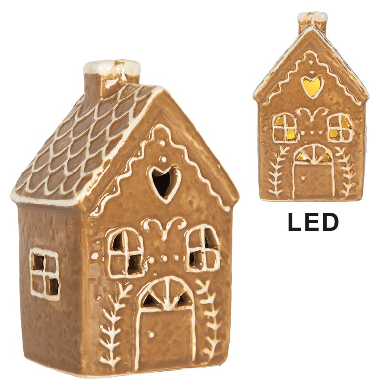 Clayre & Eef Casa di pan di zenzero con LED 7x6x12 cm Marrone Ceramica