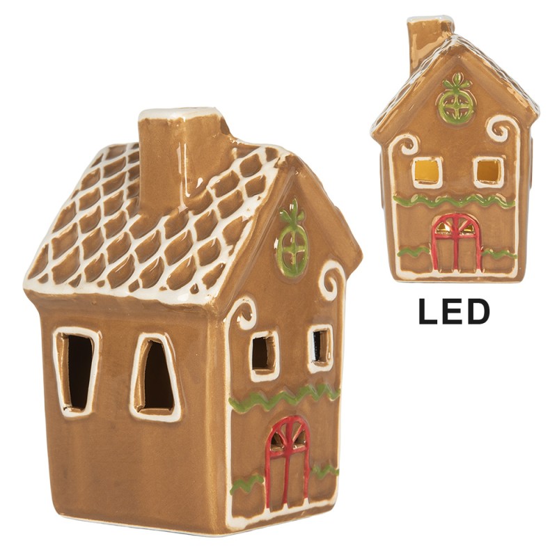 Clayre & Eef Casa di pan di zenzero con LED 8x8x12 cm Marrone Ceramica