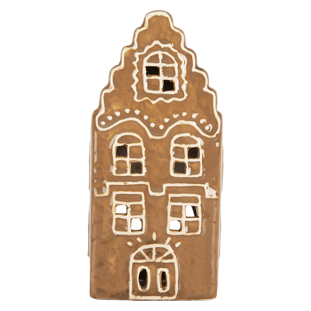 Clayre&Eef Waxinelichthouder Huis 8x7x16 cm Bruin Keramiek