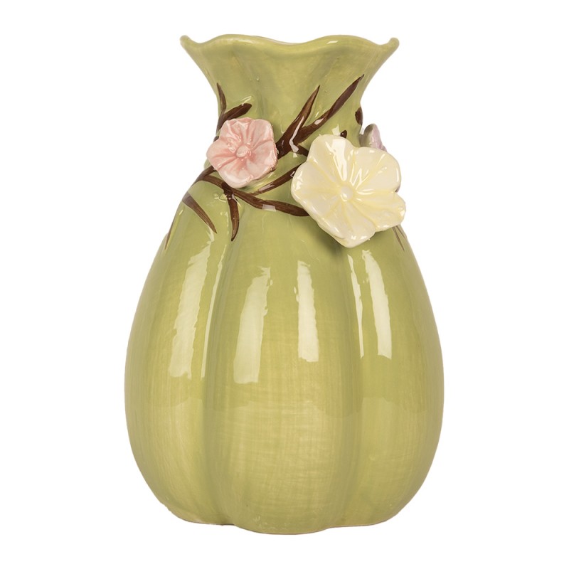 Clayre & Eef Vase Ø 14x21 cm Green Ceramic Flowers