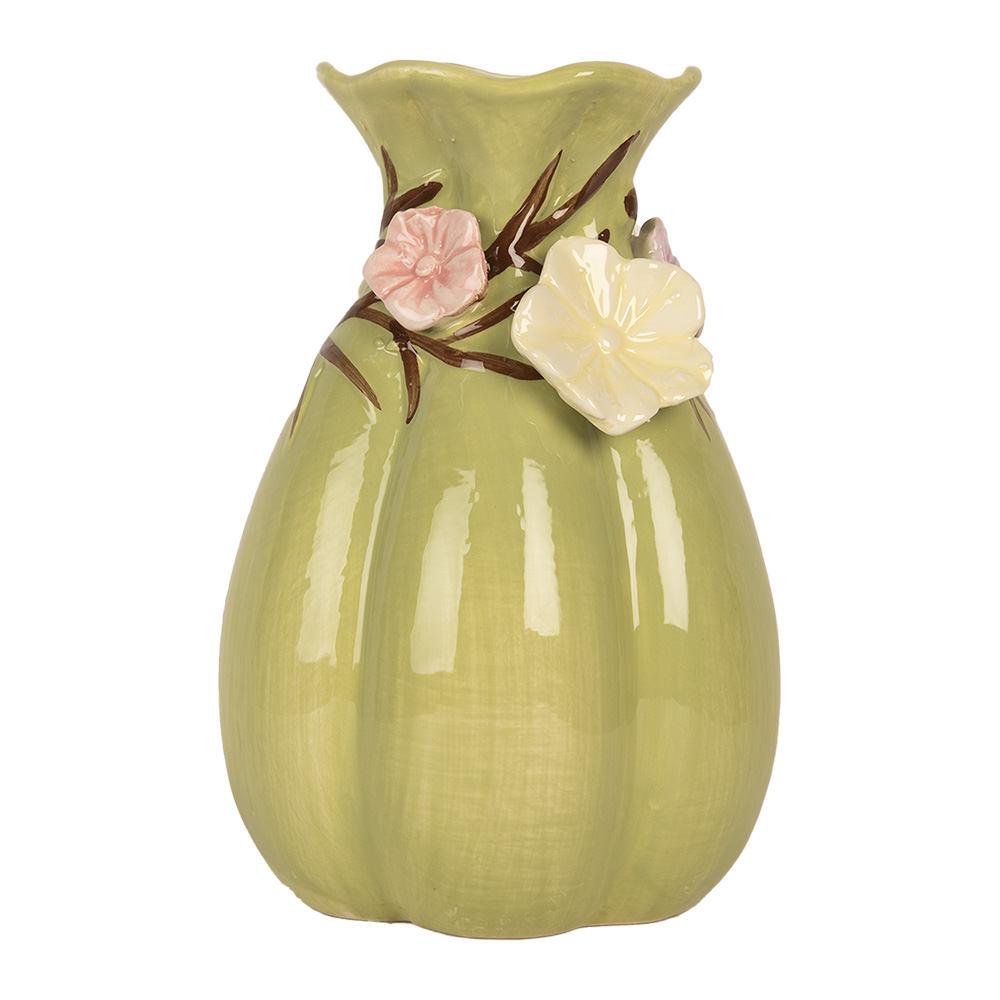 Clayre&Eef VaasØ 14x21 cm Groen Keramiek Bloemen afbeelding