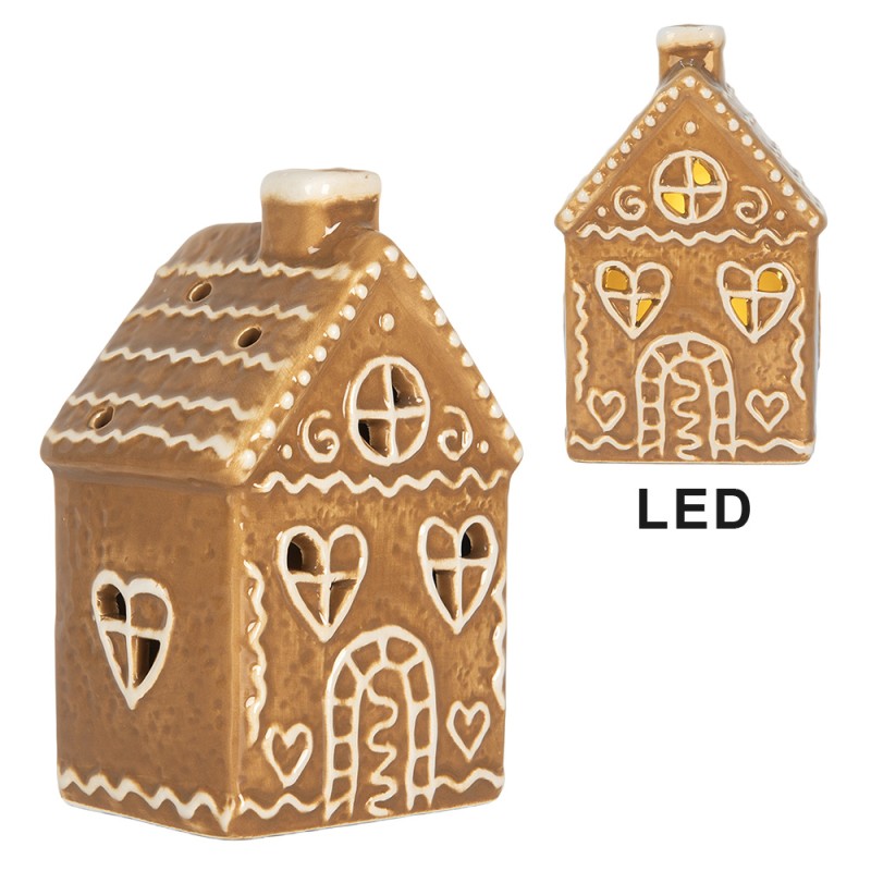 Clayre & Eef Casa di pan di zenzero con LED 7x6x12 cm Marrone Ceramica