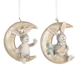 Clayre & Eef Christmas Ornament Set of 2 Rabbit 7x3x8 cm Grey Plastic