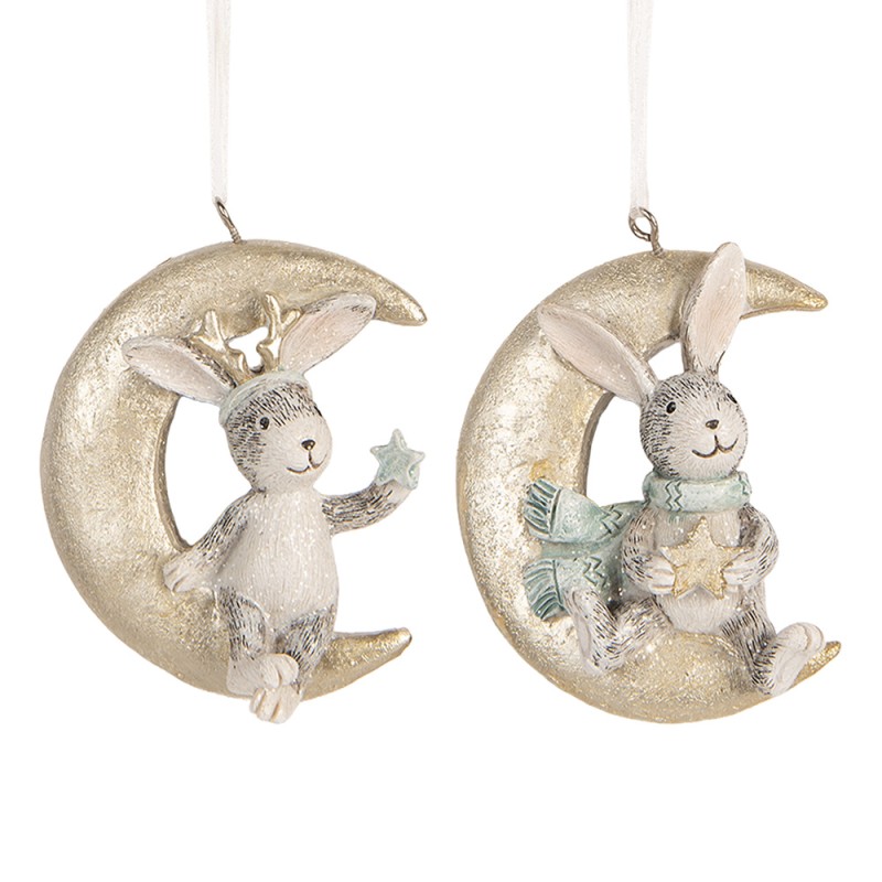Clayre & Eef Christmas Ornament Set of 2 Rabbit 7x3x8 cm Grey Plastic