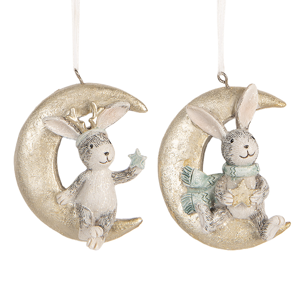 Clayre&Eef Kersthanger Set van 2 Konijn 7x3x8 cm Grijs Kunststof