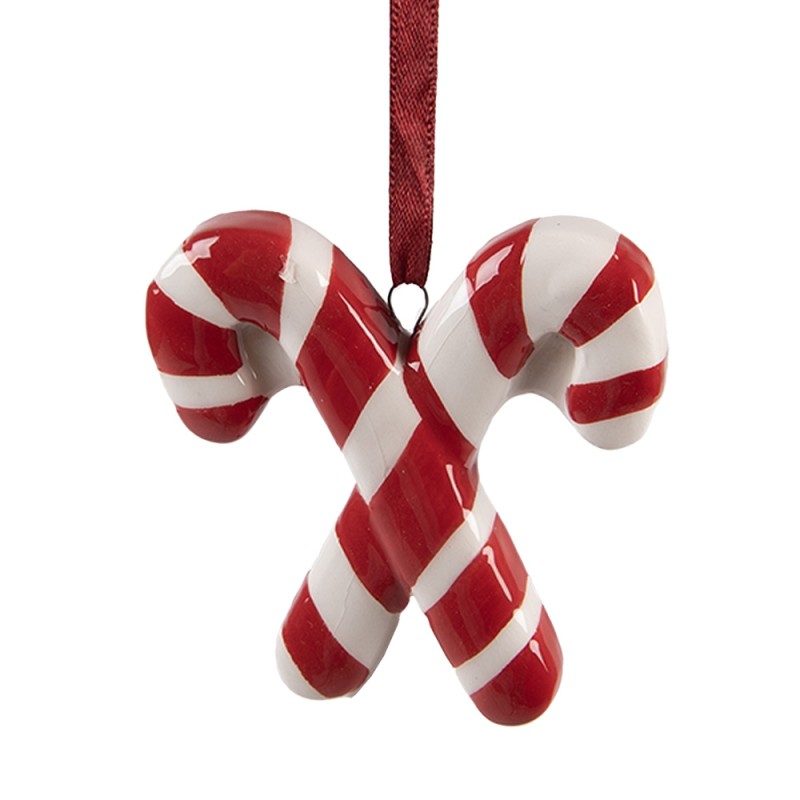 Clayre & Eef Pendentif de Noël Canne en sucre d'orge 6x2x8 cm Rouge Blanc Céramique