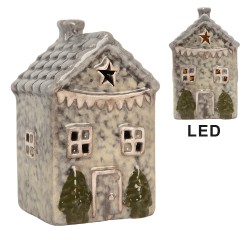 Clayre & Eef Decoratie Huis met LED LED 6x6x11 cm Grijs Keramiek