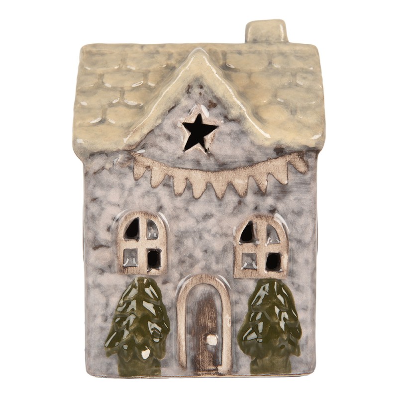Clayre & Eef Decoratie Huis met LED LED 6x6x9 cm Grijs Keramiek