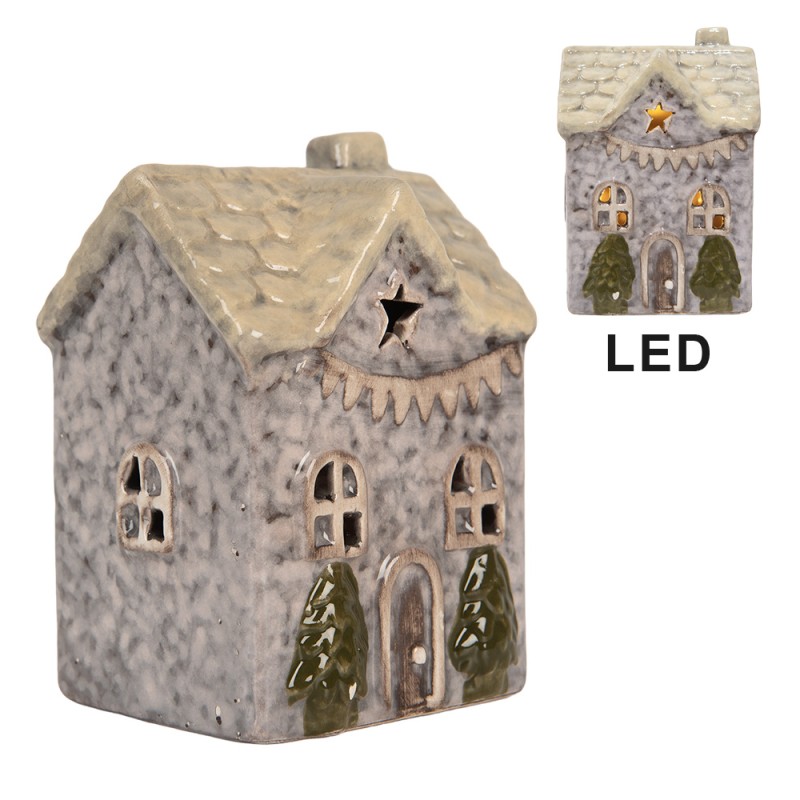 Clayre & Eef Decoratie Huis met LED LED 6x6x9 cm Grijs Keramiek