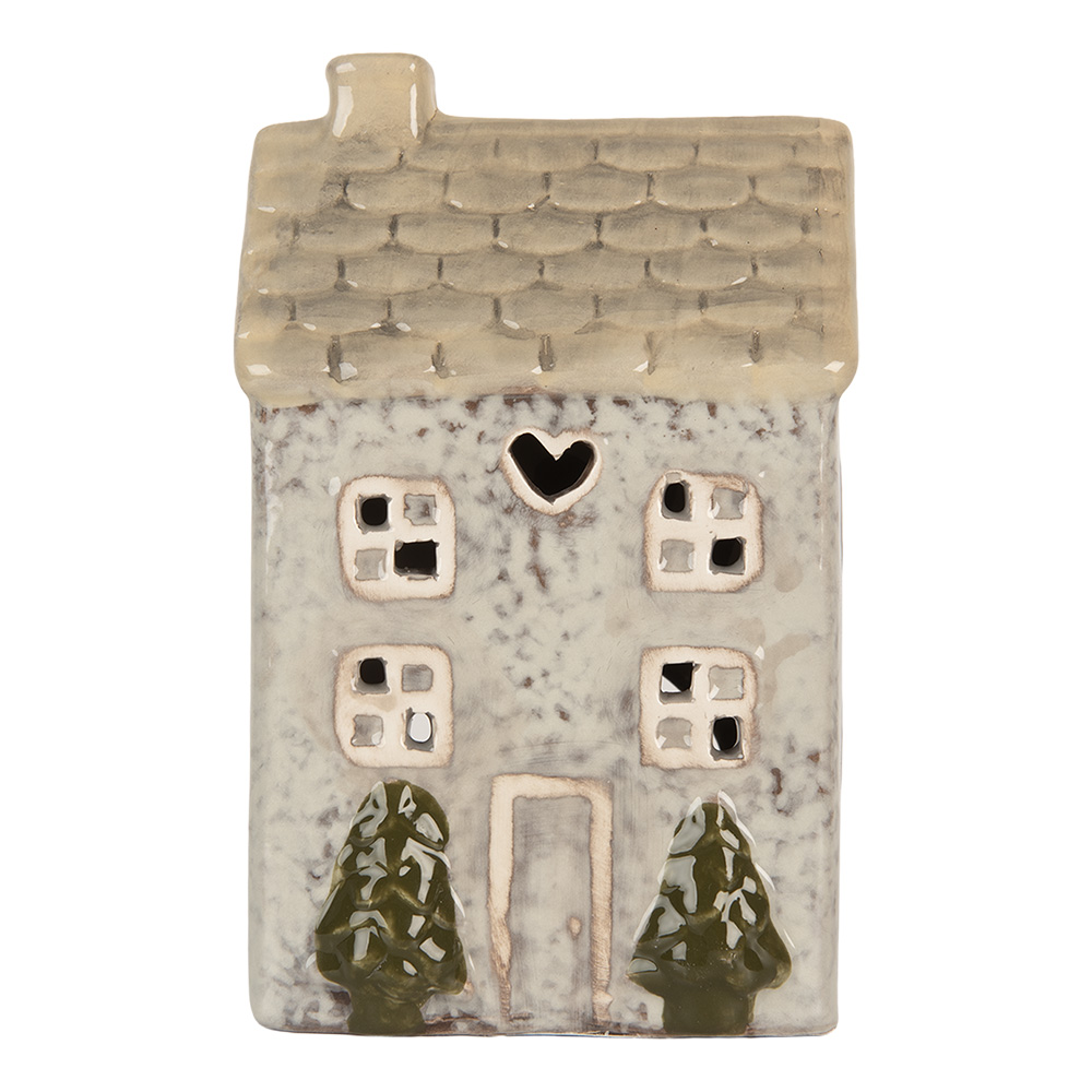 Clayre & Eef Waxinelichthouder Huis 9x8x15 cm Grijs Keramiek afbeelding 1