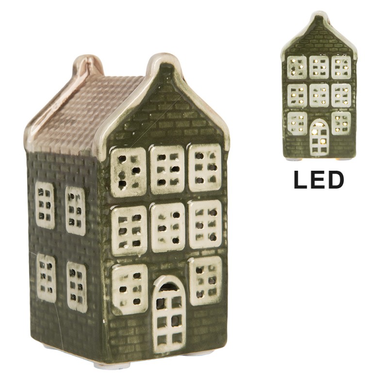 Clayre & Eef Decorativa Casa con LED Casa 4x4x8 cm Verde Ceramica