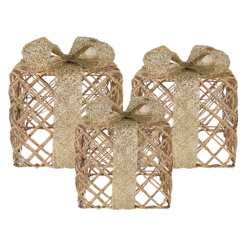 Clayre & Eef Kerstdecoratie met LED-verlichting Cadeau 25 / 20 / 15 cm Goudkleurig Metaal