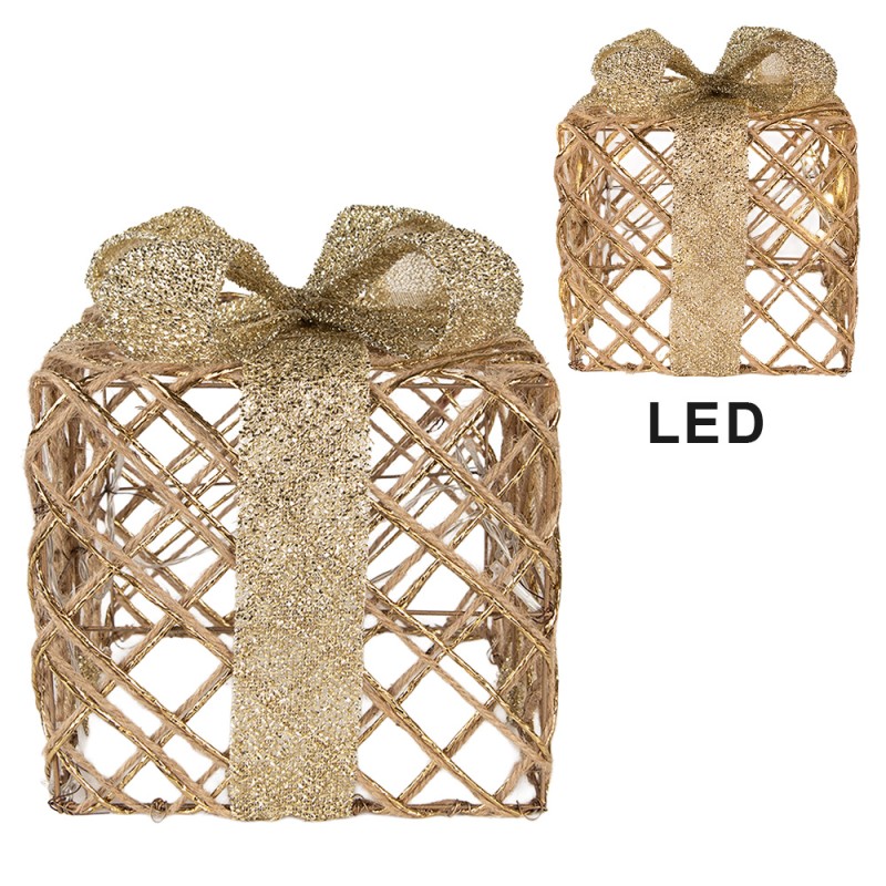 Clayre & Eef Kerstdecoratie met LED-verlichting Cadeau 25 / 20 / 15 cm Goudkleurig Metaal