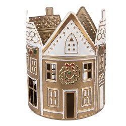 Clayre & Eef Portacandela Casa Ø 18x22 cm Beige Metallo