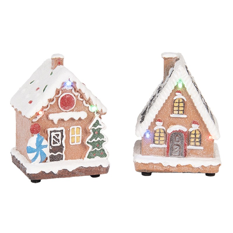 Clayre & Eef Weihnachtsdekoration mit LED-Beleuchtung Lebkuchenhaus (set 17) 9x8x13 cm / 2xAAA Braun Kunststoff