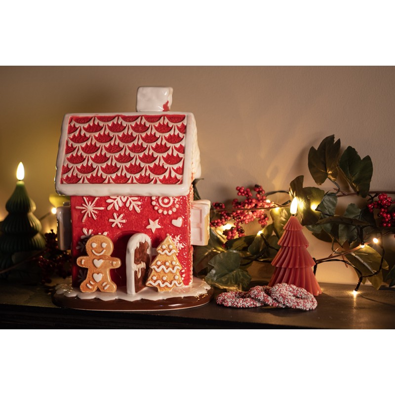 Clayre & Eef Coperchio del barattolo di stoccaggio Casa di pan di zenzero Ø 22x28 cm Rosso Ceramica