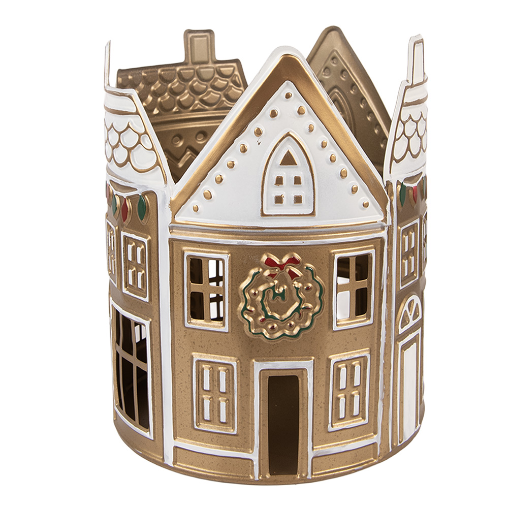 Clayre & Eef Waxinelichthouder Huis Ø 18x22 cm Beige Metaal afbeelding 1