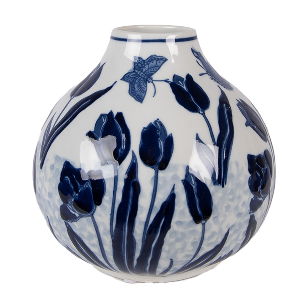 Clayre & Eef Vaas Ø 16x16 cm Wit Blauw Keramiek afbeelding 1