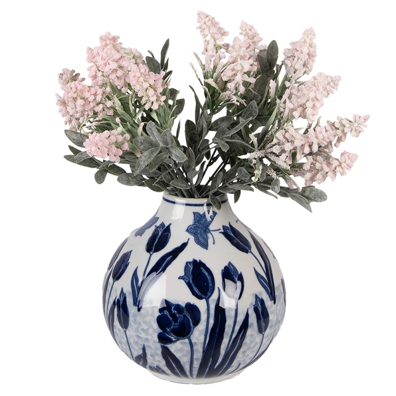 Clayre & Eef Vase Ø 16x16 cm Weiß Blau Keramik Clayre & Eef Vase Ø 16x16 cm Weiß Blau Keramik