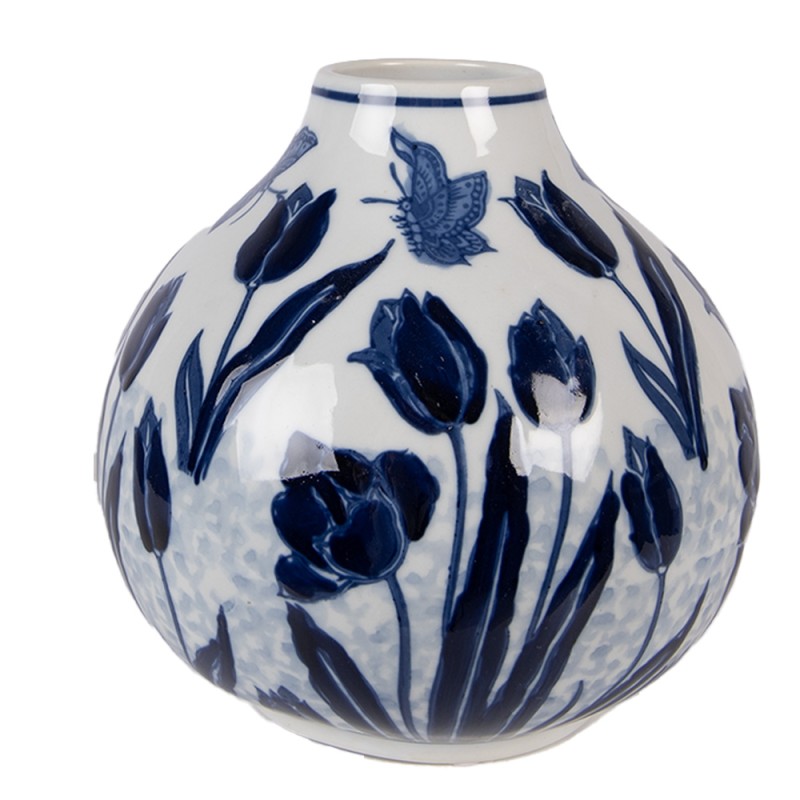 Clayre & Eef Vase Ø 16x16 cm Weiß Blau Keramik Clayre & Eef Vase Ø 16x16 cm Weiß Blau Keramik