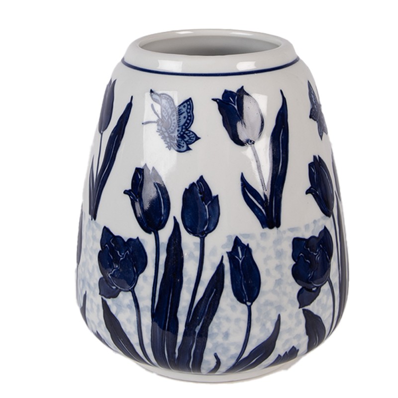 Clayre & Eef Vase Ø 16x18 cm Weiß Blau Keramik Clayre & Eef Vase Ø 16x18 cm Weiß Blau Keramik