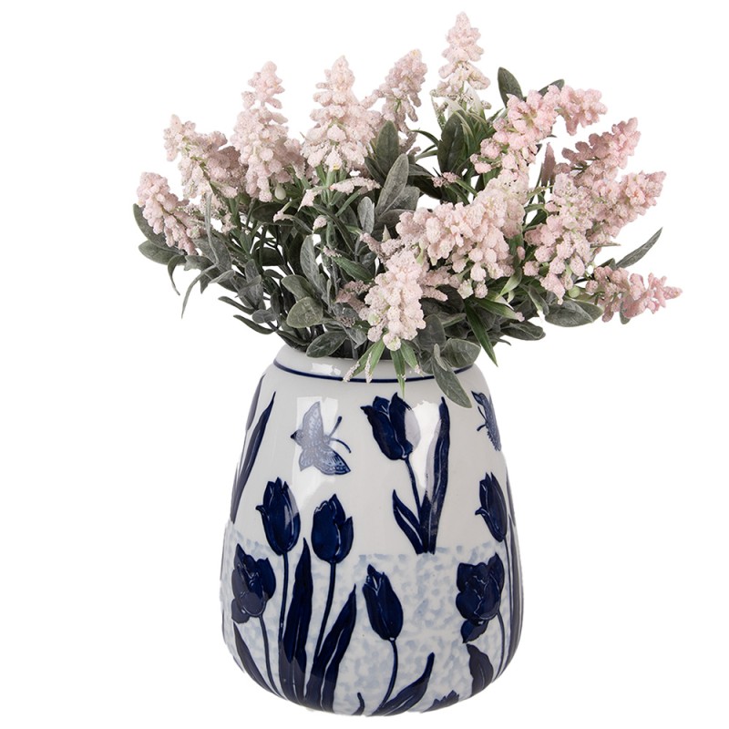 Clayre & Eef Vase Ø 16x18 cm Weiß Blau Keramik Clayre & Eef Vase Ø 16x18 cm Weiß Blau Keramik