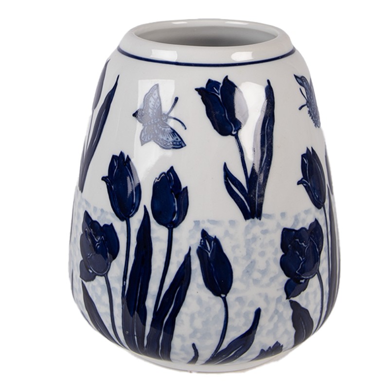 Clayre & Eef Vase Ø 16x18 cm Weiß Blau Keramik Clayre & Eef Vase Ø 16x18 cm Weiß Blau Keramik