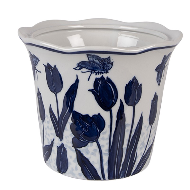 Clayre & Eef Blumentopf Ø 21x16 cm Weiß Blau Keramik Clayre & Eef Blumentopf Ø 21x16 cm Weiß Blau Keramik