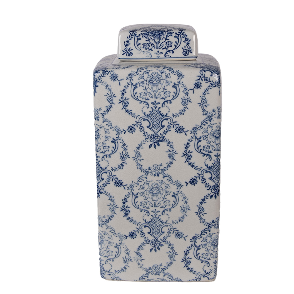 Clayre&Eef Vaas met Deksel 15x15x31 cm Wit Blauw Keramiek afbeelding